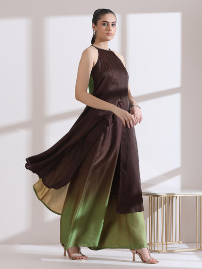 Dhiyona ST Women's Chocolate Green Chiffon Ombre Satin Kurta with Beads and Palazzo Pants 2 Piece Set | A-Line, Halter Neck, Sleeveless, Partywear, (Chiffon Satin)