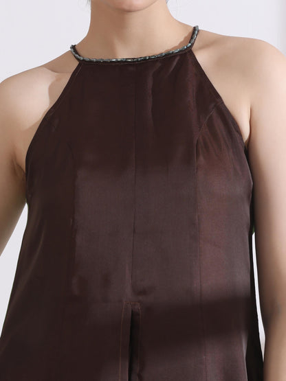 Dhiyona ST Women's Chocolate Green Chiffon Ombre Satin Kurta with Beads and Palazzo Pants 2 Piece Set | A-Line, Halter Neck, Sleeveless, Partywear, (Chiffon Satin)