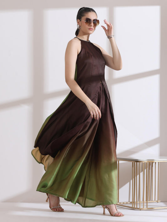 Dhiyona ST Women's Chocolate Green Chiffon Ombre Satin Kurta with Beads and Palazzo Pants 2 Piece Set | A-Line, Halter Neck, Sleeveless, Partywear, (Chiffon Satin)