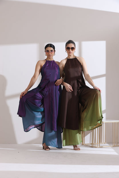 Dhiyona ST Women's Rarity Chiffon Satin Ombre Halter Kurta with Beads and Palazzo Pants 2 Piece Set | Straight Fit, Halter Neck, Sleeveless, Partywear, (Chiffon Satin)