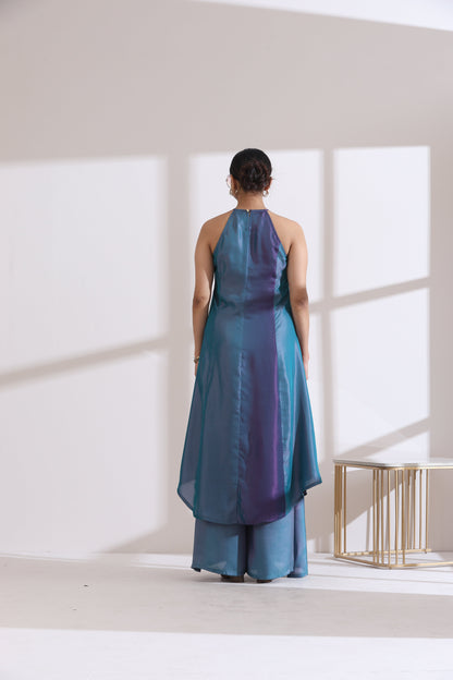 Dhiyona ST Women's Rarity Chiffon Satin Ombre Halter Kurta with Beads and Palazzo Pants 2 Piece Set | Straight Fit, Halter Neck, Sleeveless, Partywear, (Chiffon Satin)