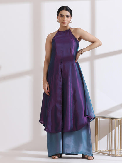 Dhiyona ST Women's Rarity Chiffon Satin Ombre Halter Kurta with Beads and Palazzo Pants 2 Piece Set | Straight Fit, Halter Neck, Sleeveless, Partywear, (Chiffon Satin)