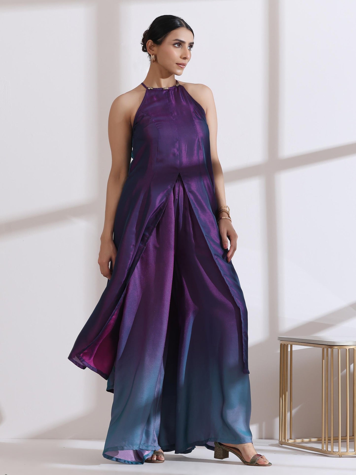 Dhiyona ST Women's Rarity Chiffon Satin Ombre Halter Kurta with Beads and Palazzo Pants 2 Piece Set | Straight Fit, Halter Neck, Sleeveless, Partywear, (Chiffon Satin)