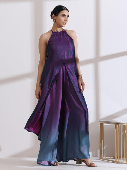 Dhiyona ST Women's Rarity Chiffon Satin Ombre Halter Kurta with Beads and Palazzo Pants 2 Piece Set | Straight Fit, Halter Neck, Sleeveless, Partywear, (Chiffon Satin)