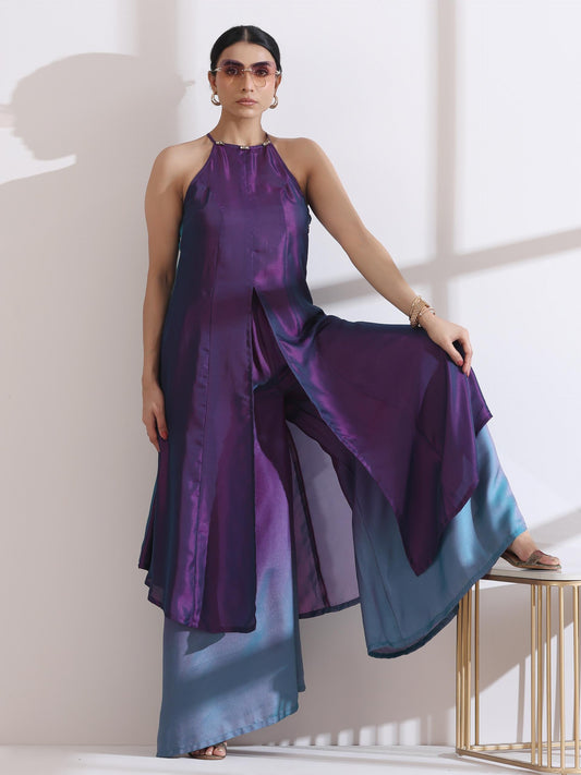 Dhiyona ST Women's Rarity Chiffon Satin Ombre Halter Kurta with Beads and Palazzo Pants 2 Piece Set | Straight Fit, Halter Neck, Sleeveless, Partywear, (Chiffon Satin)