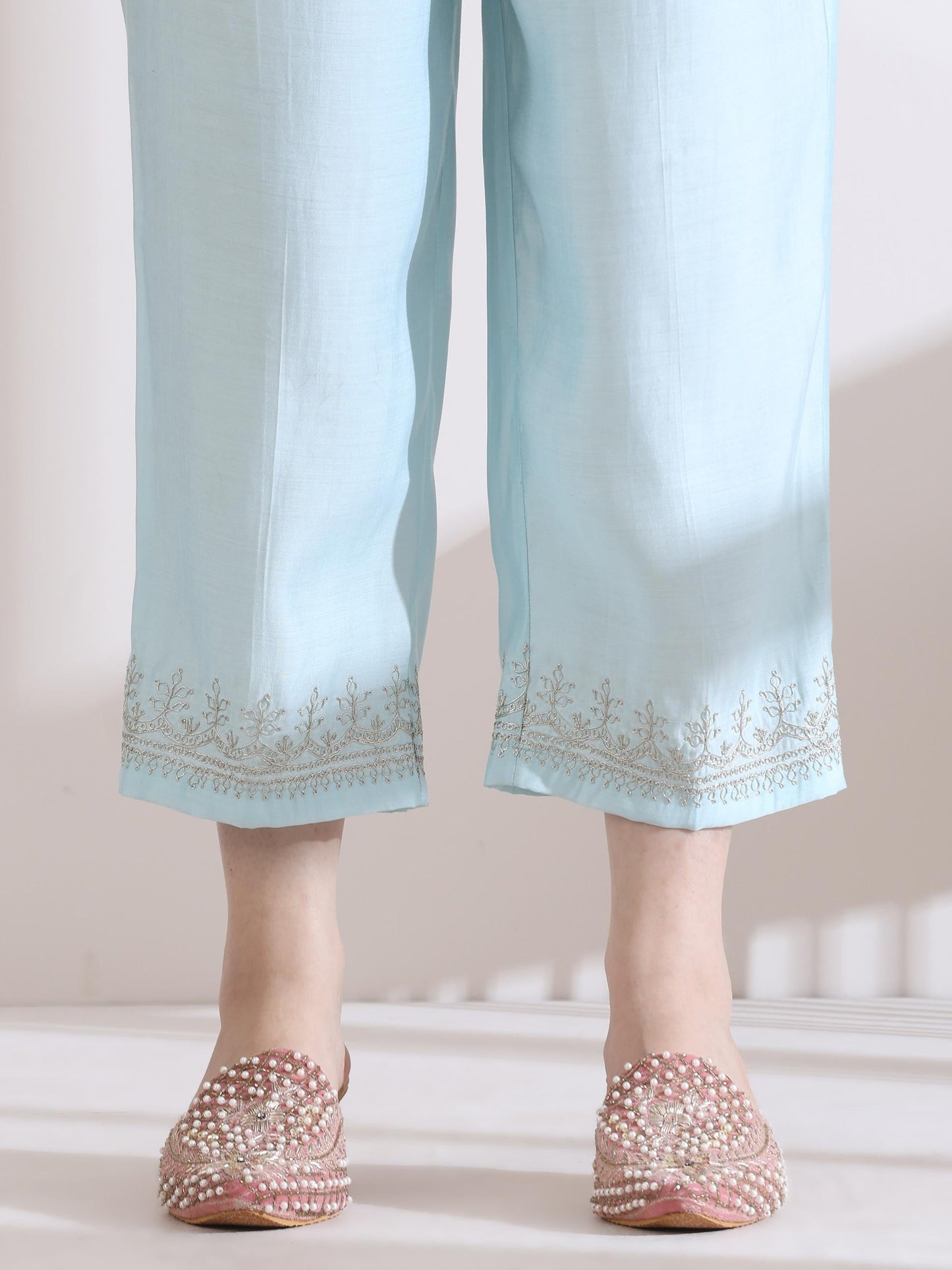 Dhiyona ST Women's Light Blue Kurta with Embroidery on Top and Pants 2 Piece Set | A-Line, Round Neck, 3/4 Sleeves, Work Wear, Casual (AirSkin Cotton Silk Blend)