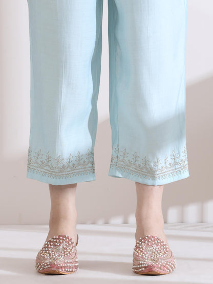 Dhiyona ST Women's Light Blue Kurta with Embroidery on Top and Pants 2 Piece Set | A-Line, Round Neck, 3/4 Sleeves, Work Wear, Casual (AirSkin Cotton Silk Blend)