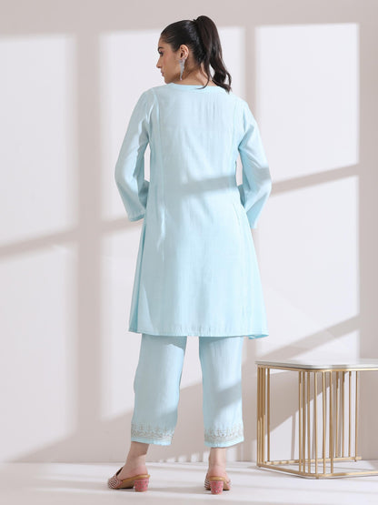 Dhiyona ST Women's Light Blue Kurta with Embroidery on Top and Pants 2 Piece Set | A-Line, Round Neck, 3/4 Sleeves, Work Wear, Casual (AirSkin Cotton Silk Blend)