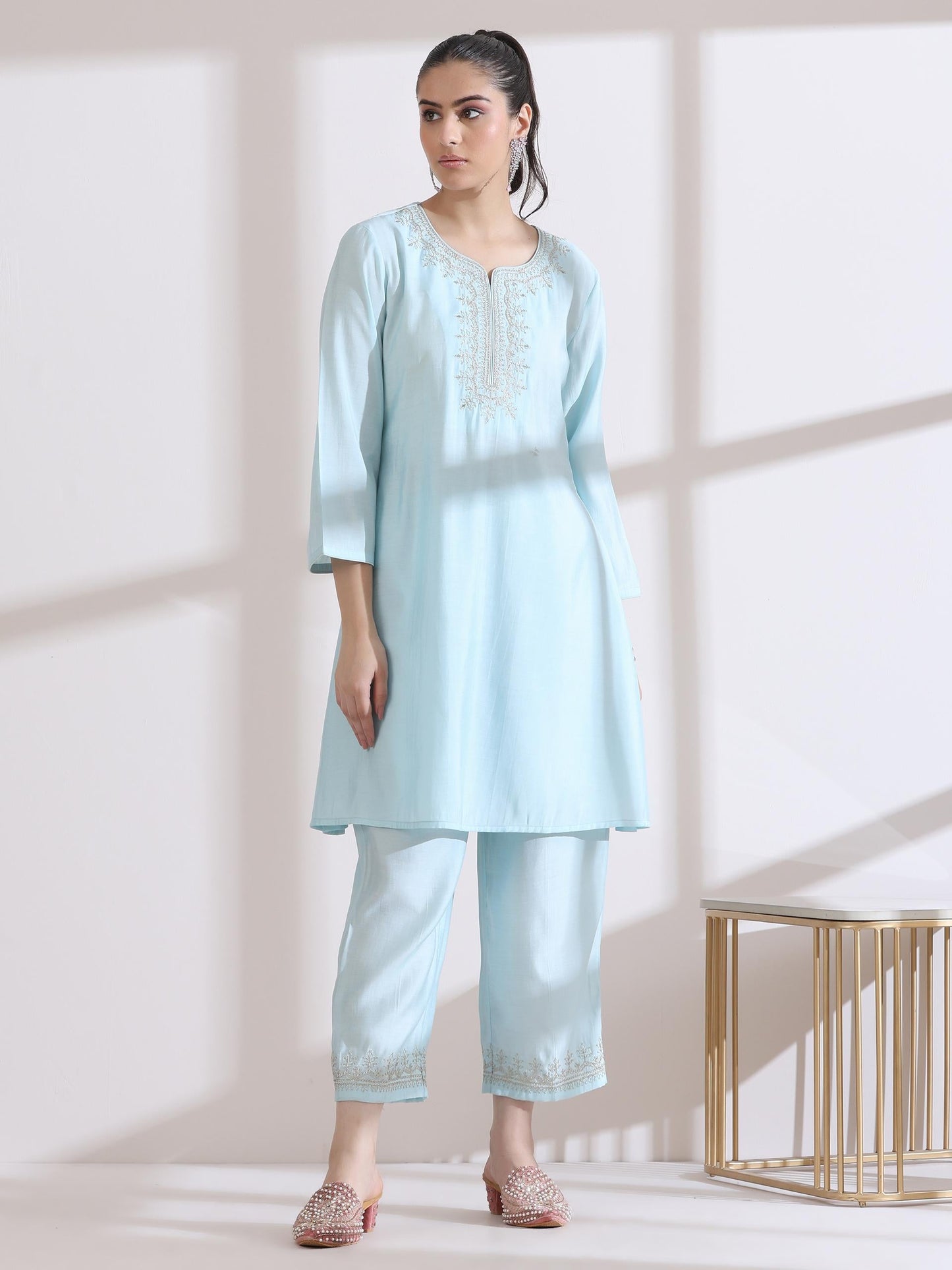 Dhiyona ST Women's Light Blue Kurta with Embroidery on Top and Pants 2 Piece Set | A-Line, Round Neck, 3/4 Sleeves, Work Wear, Casual (AirSkin Cotton Silk Blend)