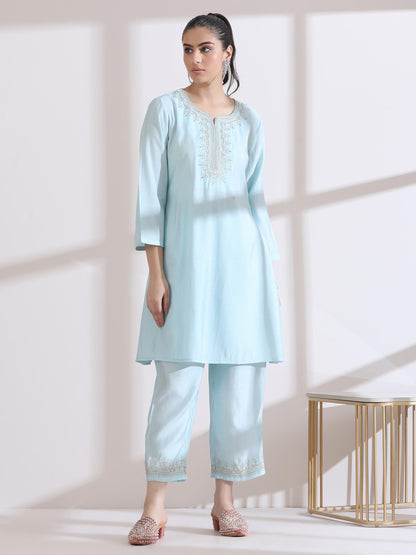 Dhiyona ST Women's Light Blue Kurta with Embroidery on Top and Pants 2 Piece Set | A-Line, Round Neck, 3/4 Sleeves, Work Wear, Casual (AirSkin Cotton Silk Blend)