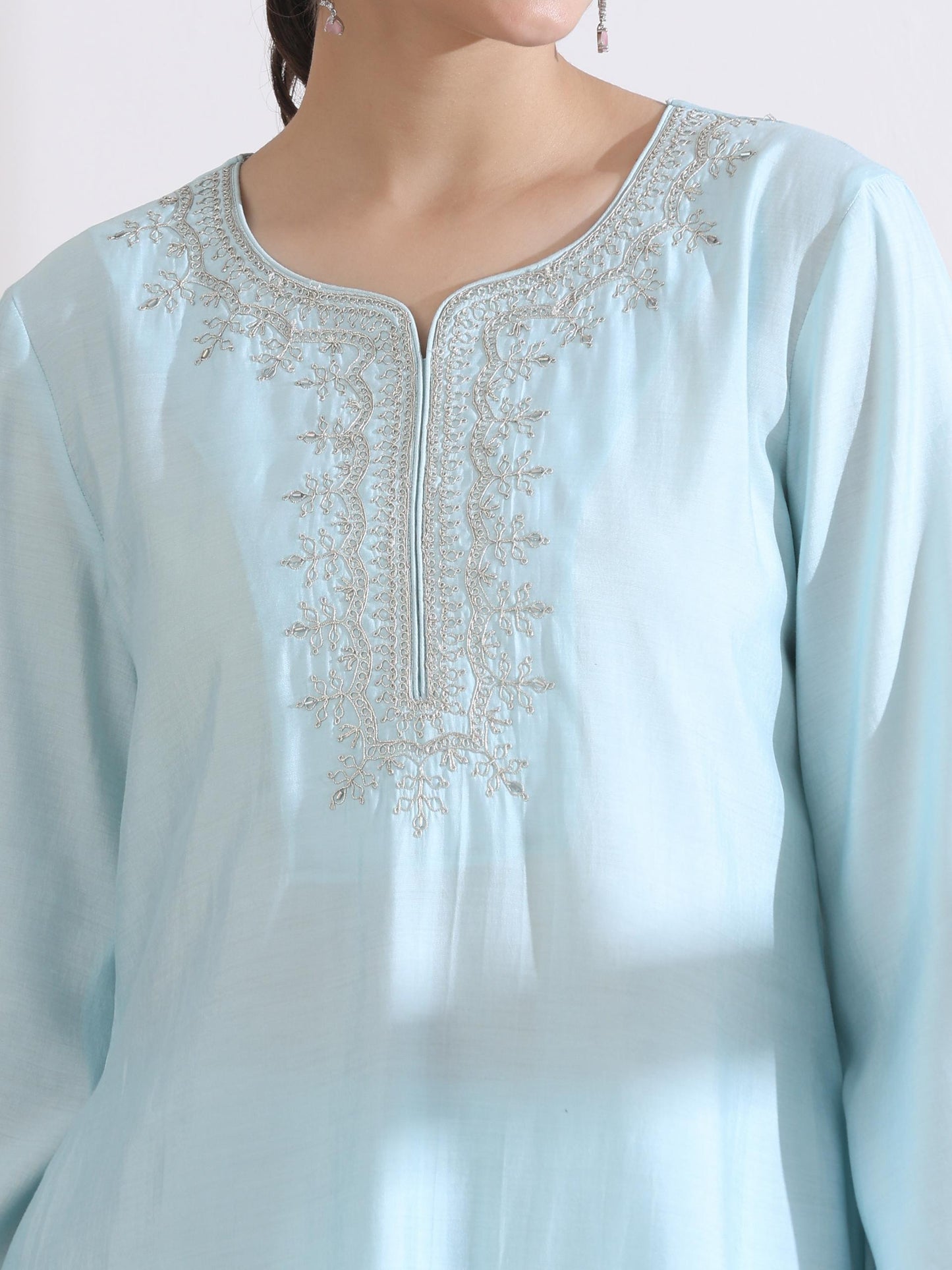 Dhiyona ST Women's Light Blue Kurta with Embroidery on Top and Pants 2 Piece Set | A-Line, Round Neck, 3/4 Sleeves, Work Wear, Casual (AirSkin Cotton Silk Blend)