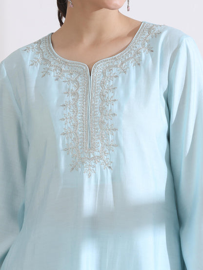 Dhiyona ST Women's Light Blue Kurta with Embroidery on Top and Pants 2 Piece Set | A-Line, Round Neck, 3/4 Sleeves, Work Wear, Casual (AirSkin Cotton Silk Blend)