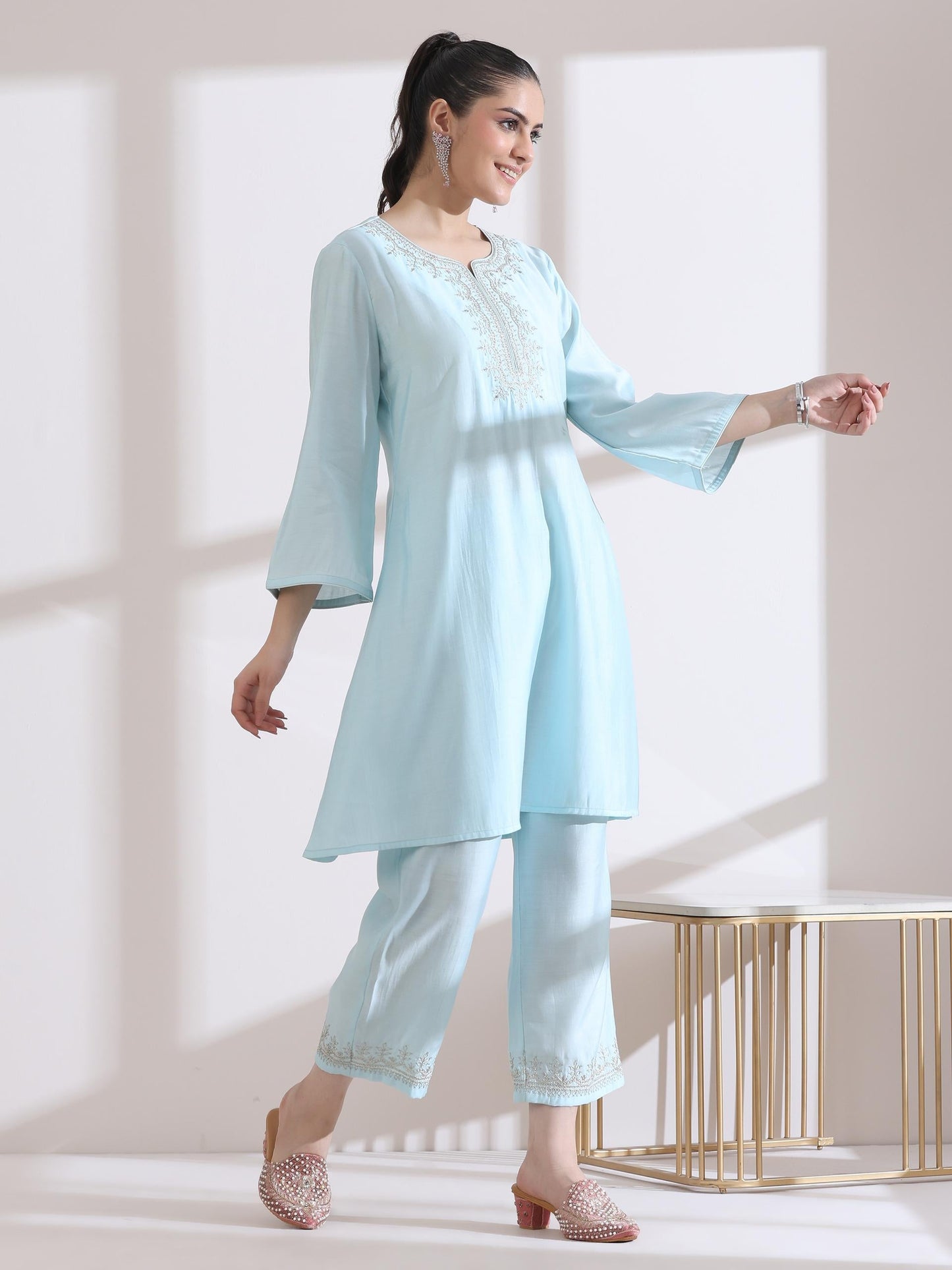 Dhiyona ST Women's Light Blue Kurta with Embroidery on Top and Pants 2 Piece Set | A-Line, Round Neck, 3/4 Sleeves, Work Wear, Casual (AirSkin Cotton Silk Blend)