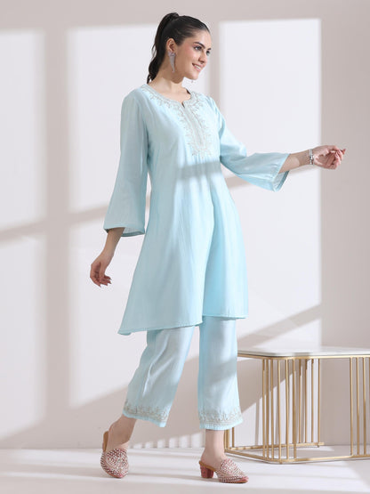 Dhiyona ST Women's Light Blue Kurta with Embroidery on Top and Pants 2 Piece Set | A-Line, Round Neck, 3/4 Sleeves, Work Wear, Casual (AirSkin Cotton Silk Blend)