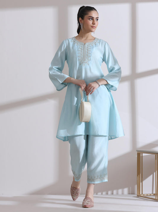 Dhiyona ST Women's Light Blue Kurta with Embroidery on Top and Pants 2 Piece Set | A-Line, Round Neck, 3/4 Sleeves, Work Wear, Casual (AirSkin Cotton Silk Blend)