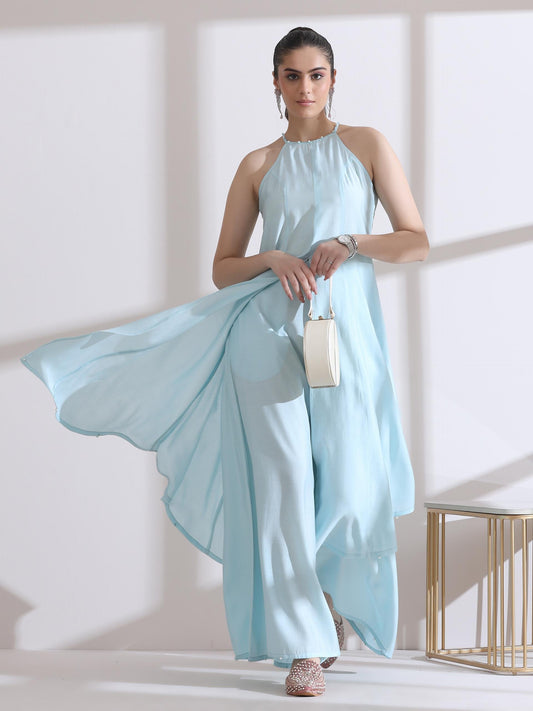 Dhiyona ST Women's Light Blue Halter Sleeveless Kurta with Pearls and Palazzo 2 Piece Set | Straight Fit, Halter Neck, Sleeveless, Casual Wear, Festive Wear, (AirSkin Cotton Silk Blend)