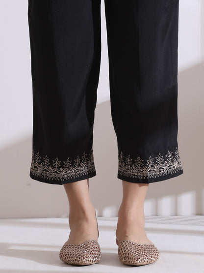 Dhiyona ST Women's Black Kurta with Embroidery and Pants 2 Piece Set | A-Line, Round Neck, 3/4 Sleeves, Work Wear, (AirSkin Cotton Silk Blend)
