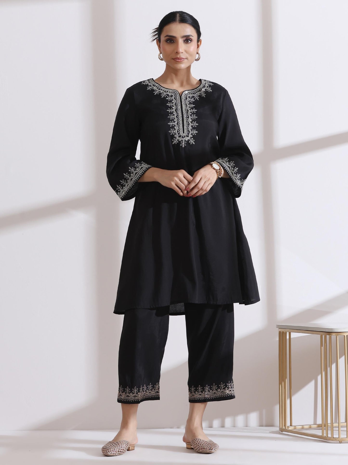 Dhiyona ST Women's Black Kurta with Embroidery and Pants 2 Piece Set | A-Line, Round Neck, 3/4 Sleeves, Work Wear, (AirSkin Cotton Silk Blend)