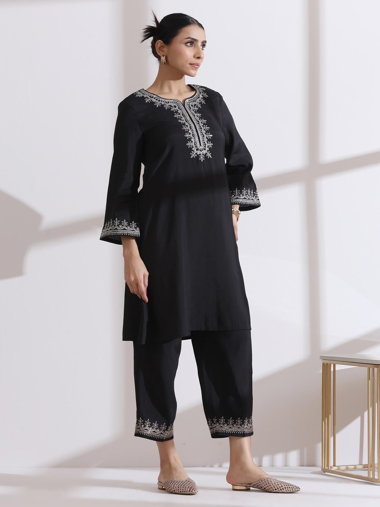 Dhiyona ST Women's Black Kurta with Embroidery and Pants 2 Piece Set | A-Line, Round Neck, 3/4 Sleeves, Work Wear, (AirSkin Cotton Silk Blend)