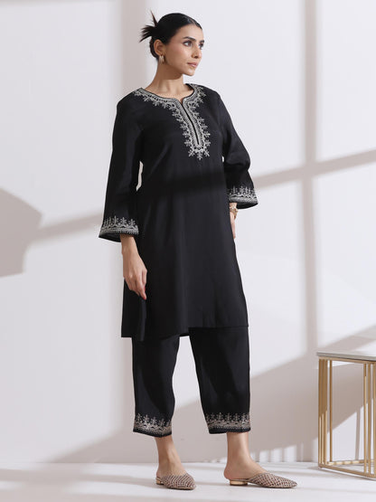 Dhiyona ST Women's Black Kurta with Embroidery and Pants 2 Piece Set | A-Line, Round Neck, 3/4 Sleeves, Work Wear, (AirSkin Cotton Silk Blend)