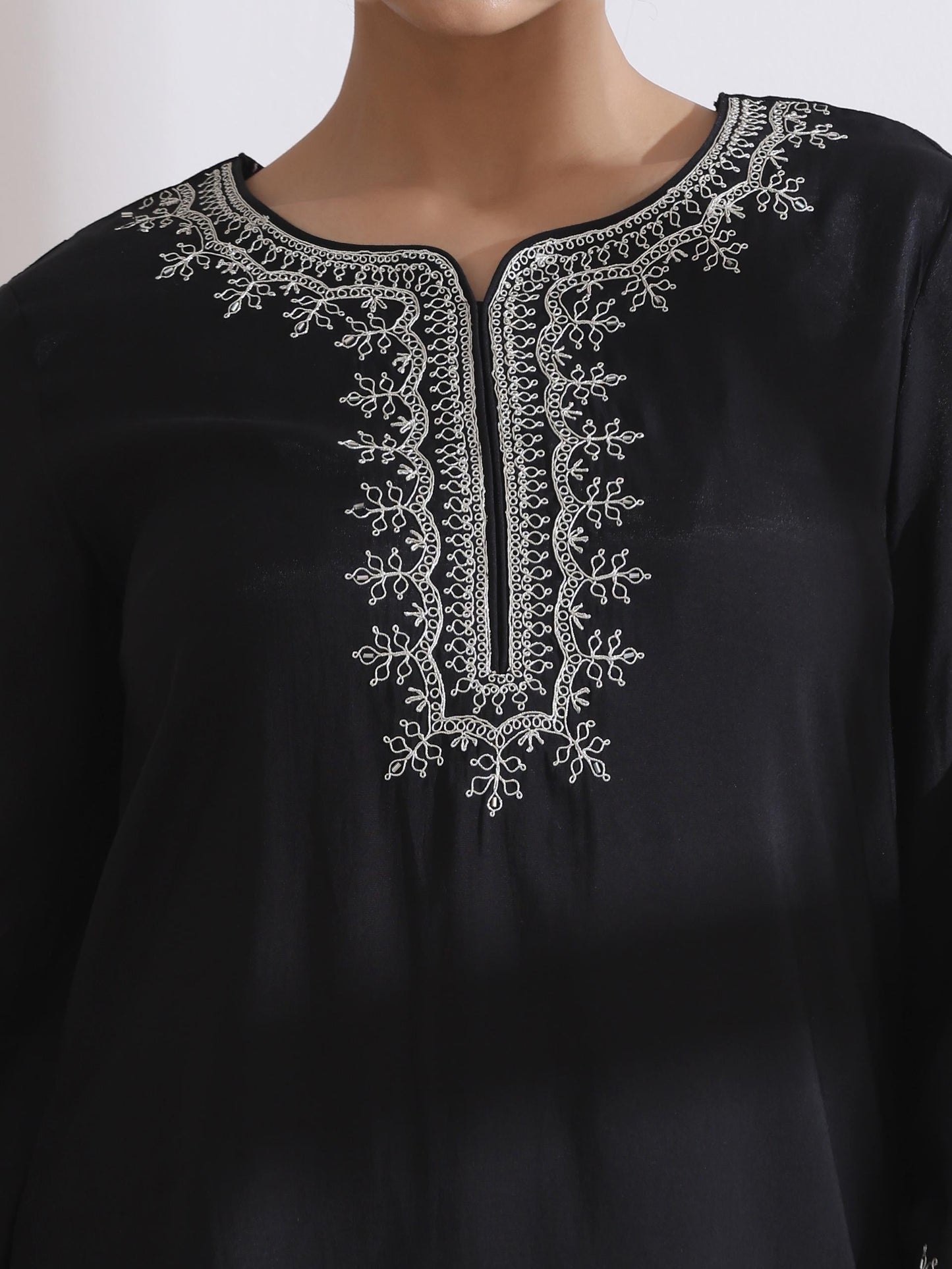 Dhiyona ST Women's Black Kurta with Embroidery and Pants 2 Piece Set | A-Line, Round Neck, 3/4 Sleeves, Work Wear, (AirSkin Cotton Silk Blend)