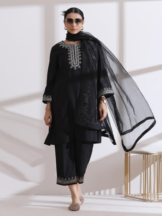 Dhiyona ST Women's Black Kurta with Embroidery and Pants 2 Piece Set | A-Line, Round Neck, 3/4 Sleeves, Work Wear, (AirSkin Cotton Silk Blend)