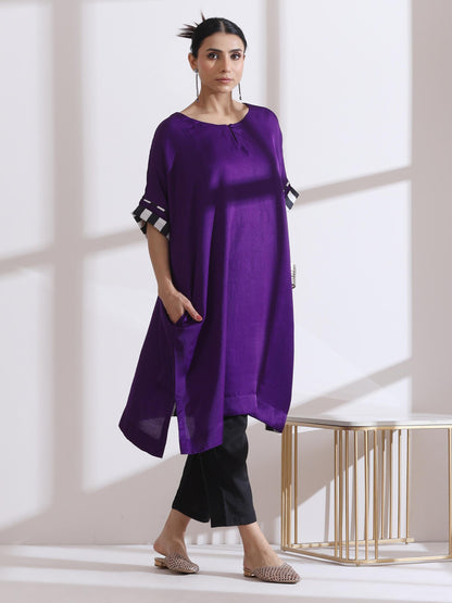 Dhiyona ST Women's Purple Easy Kurta with Chevron Inner Details 1 Piece | Straight Fit, Round Neck, 3/4 Sleeves, Workwear, (Lux Fabric)