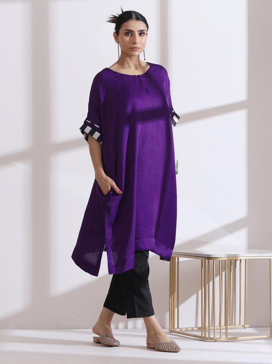 Dhiyona ST Women's Purple Easy Kurta with Chevron Inner Details 1 Piece | Straight Fit, Round Neck, 3/4 Sleeves, Workwear, (Lux Fabric)