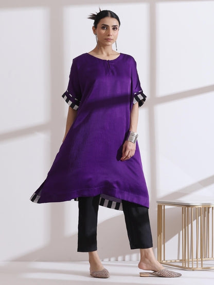Dhiyona ST Women's Purple Easy Kurta with Chevron Inner Details 1 Piece | Straight Fit, Round Neck, 3/4 Sleeves, Workwear, (Lux Fabric)