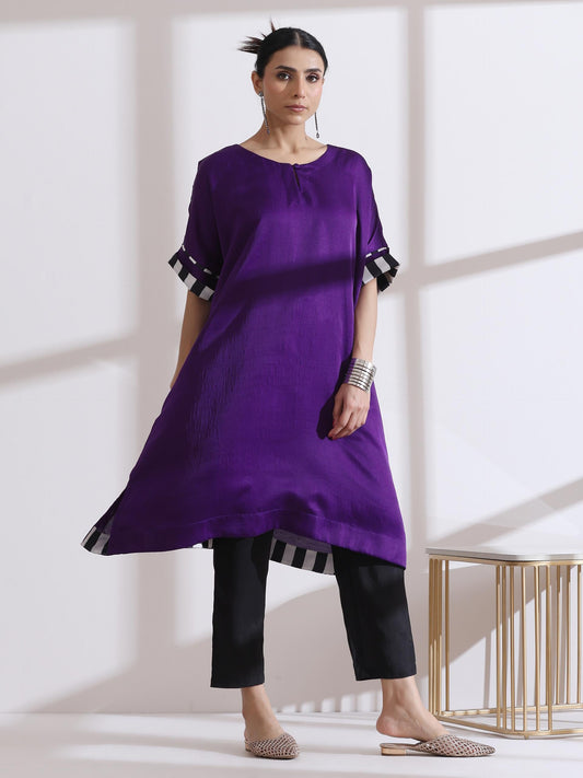 Dhiyona ST Women's Purple Kurta with Chevron Inner Details and Pants 2 Piece Set | Straight Fit, Round Neck, 3/4 Sleeves, Pants, Workwear, (Lux Fabric)