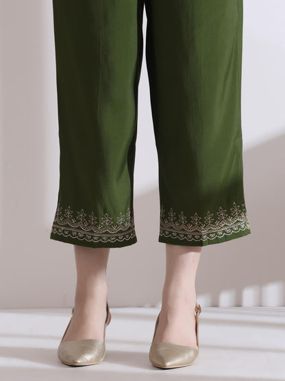 Dhiyona ST Women's Mehndi Green Kurta with Embroidery on Sleeve and Pants 2 Piece Set | A-Line, Anarkali, V Neck, 3/4 Sleeves, Work Wear, (AirSkin Cotton Silk Blend)