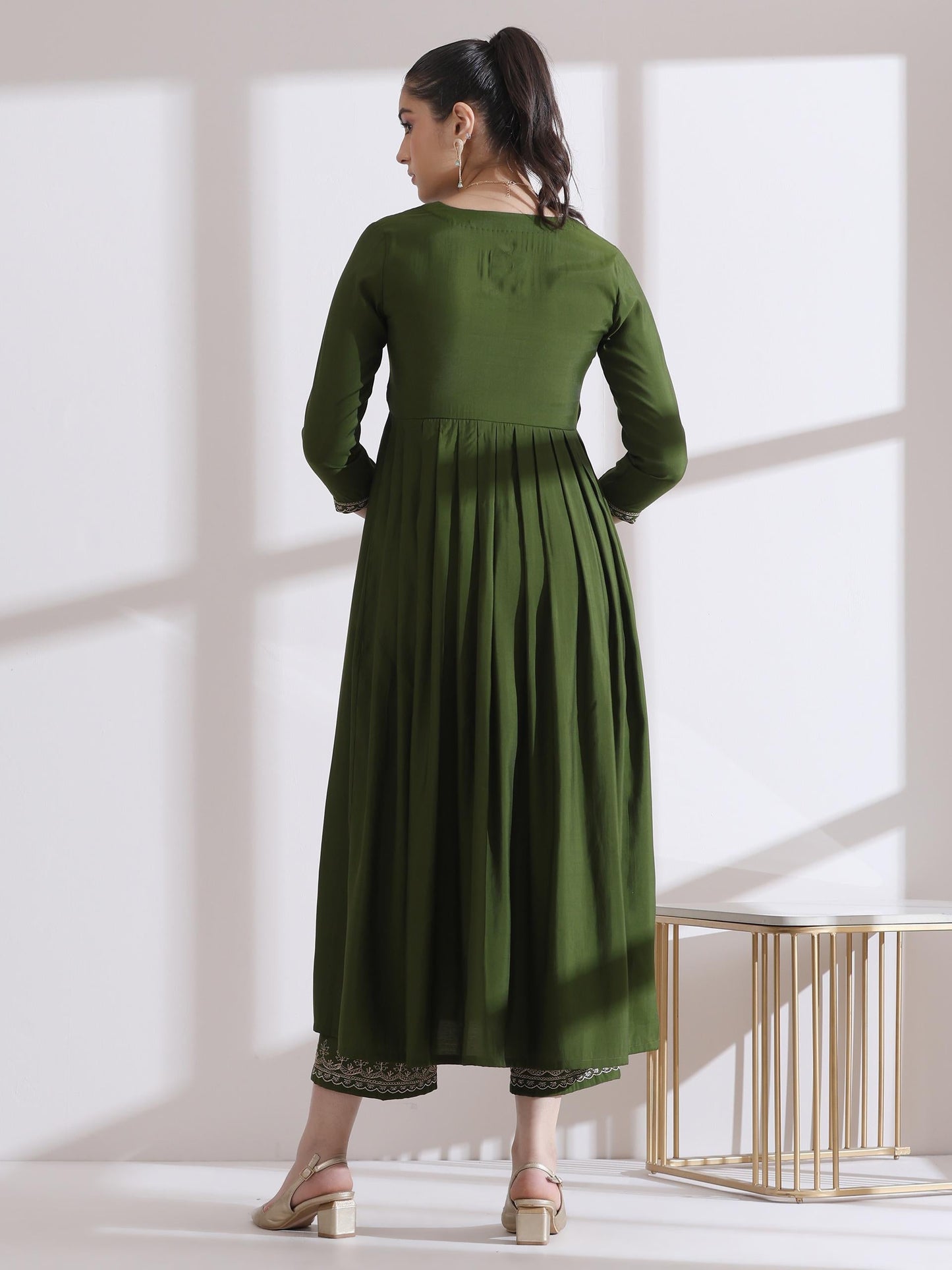 Dhiyona ST Women's Mehndi Green Kurta with Embroidery on Sleeve and Pants 2 Piece Set | A-Line, Anarkali, V Neck, 3/4 Sleeves, Work Wear, (AirSkin Cotton Silk Blend)