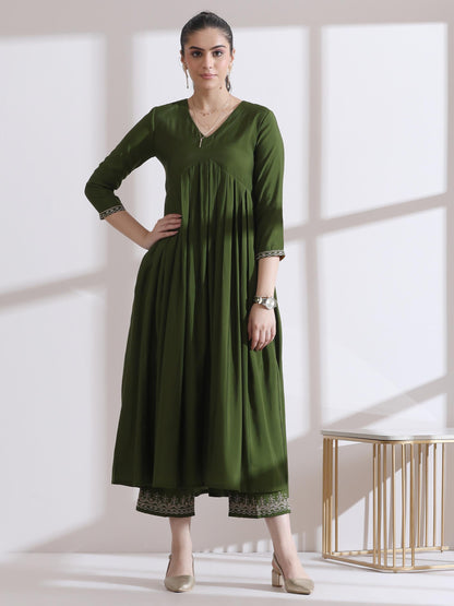 Dhiyona ST Women's Mehndi Green Kurta with Embroidery on Sleeve and Pants 2 Piece Set | A-Line, Anarkali, V Neck, 3/4 Sleeves, Work Wear, (AirSkin Cotton Silk Blend)