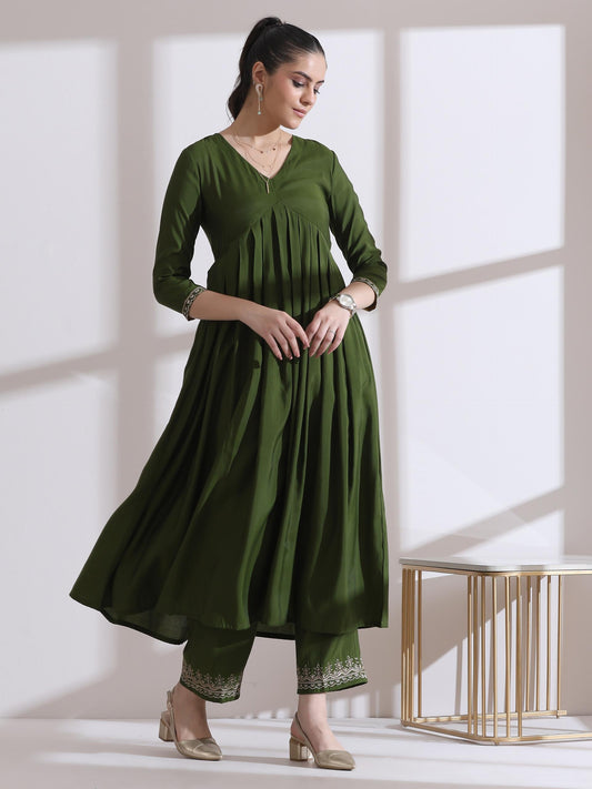 Dhiyona ST Women's Mehndi Green Kurta with Embroidery on Sleeve and Pants 2 Piece Set | A-Line, Anarkali, V Neck, 3/4 Sleeves, Work Wear, (AirSkin Cotton Silk Blend)