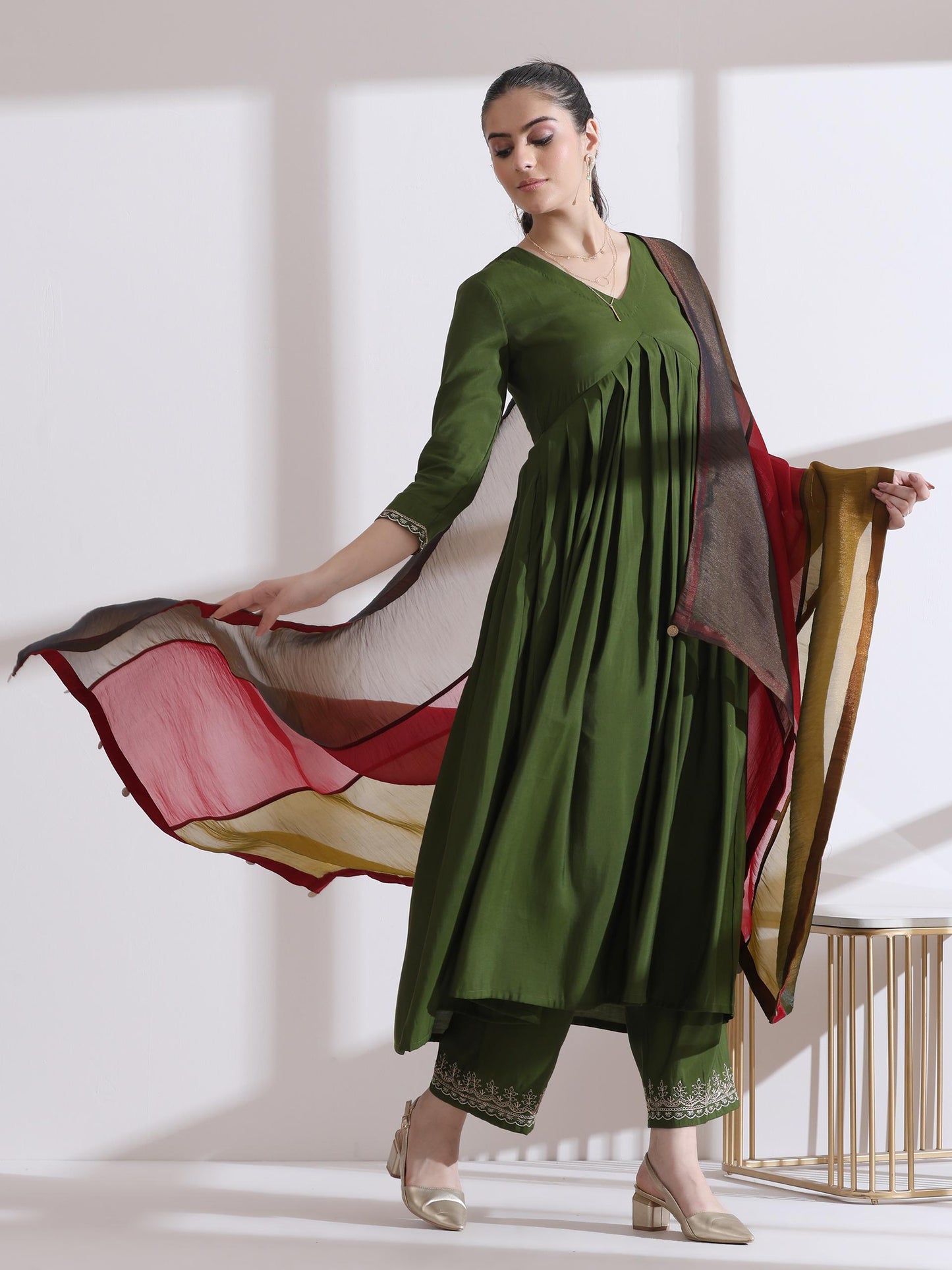 Dhiyona ST Women's Mehndi Green Kurta with Embroidery on Sleeve and Pants 2 Piece Set | A-Line, Anarkali, V Neck, 3/4 Sleeves, Work Wear, (AirSkin Cotton Silk Blend)