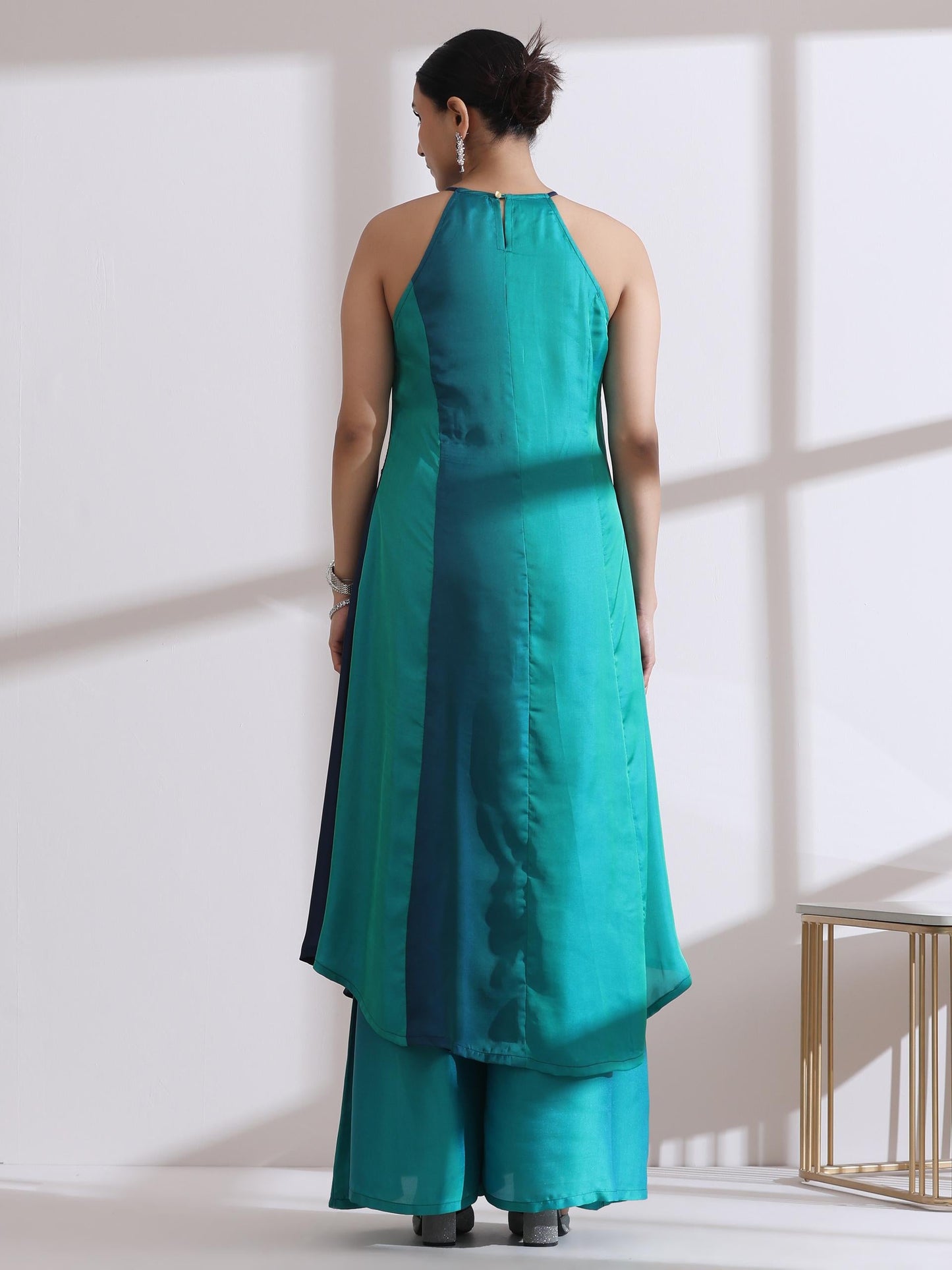 Dhiyona ST Women's Green Blue Chiffon Satin Ombre Halter Kurta with Beads and Palazzo Pants 2 Piece Set | Straight Fit, Halter Neck, Sleeveless, Festive Wear, (Chiffon Satin)