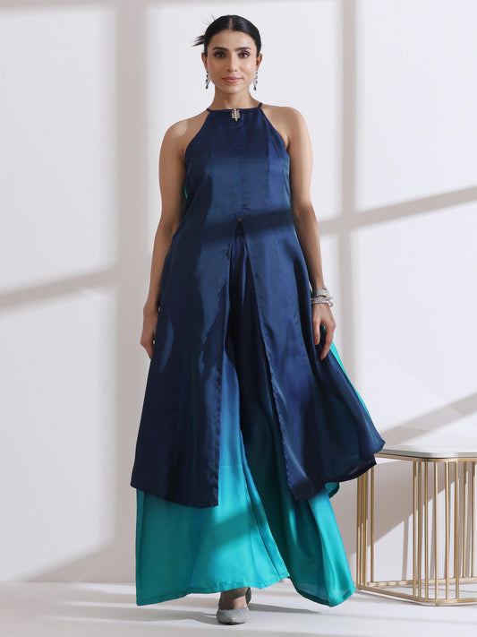 Dhiyona ST Women's Green Blue Chiffon Satin Ombre Halter Kurta with Beads and Palazzo Pants 2 Piece Set | Straight Fit, Halter Neck, Sleeveless, Festive Wear, (Chiffon Satin)