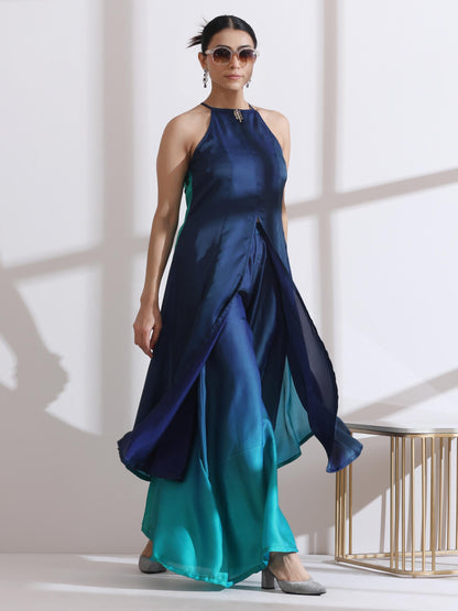 Dhiyona ST Women's Green Blue Chiffon Satin Ombre Halter Kurta with Beads and Palazzo Pants 2 Piece Set | Straight Fit, Halter Neck, Sleeveless, Festive Wear, (Chiffon Satin)