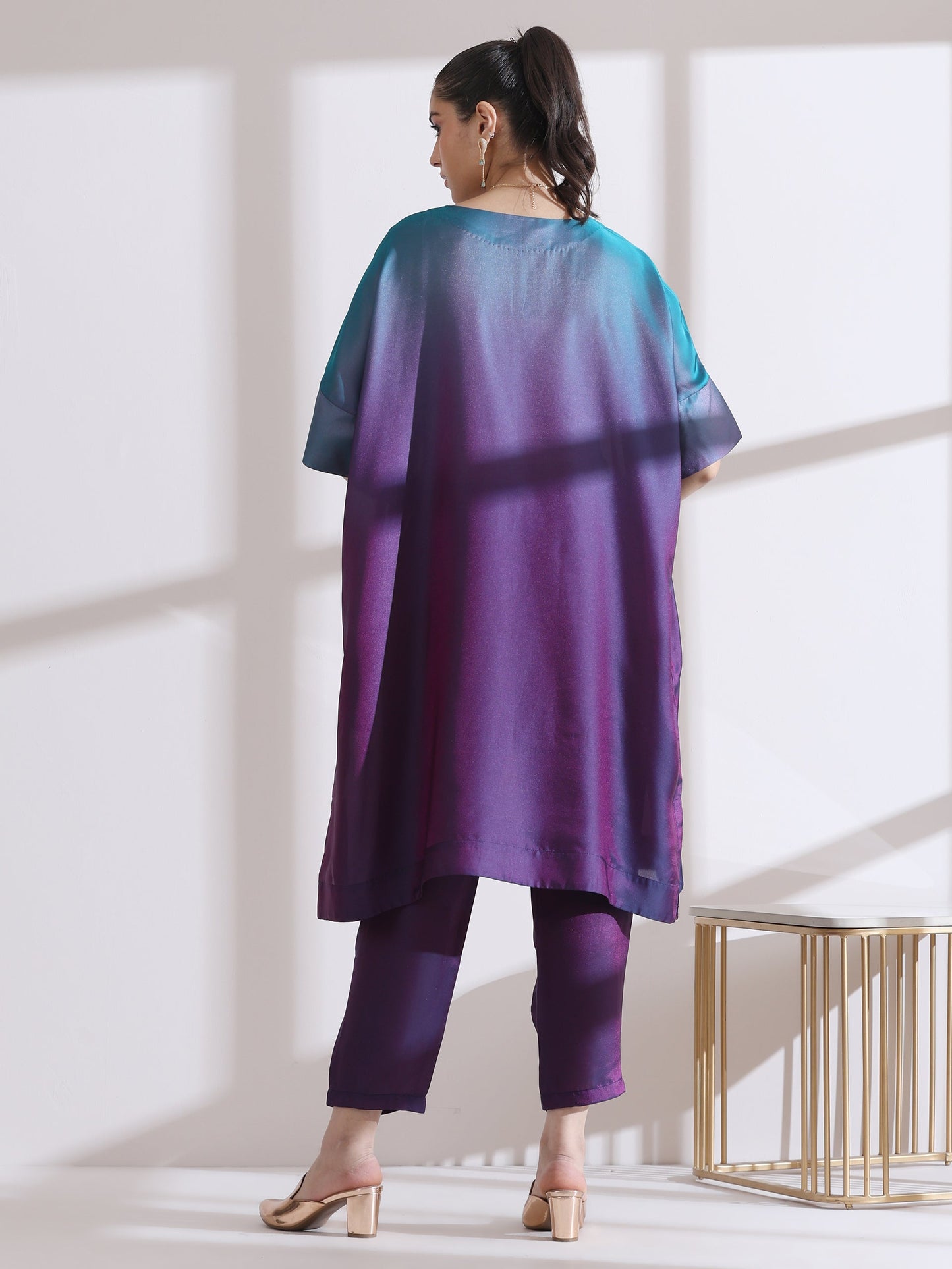 Dhiyona ST Women's Soft Chiffon Satin Rarity Ombre Kurta 1 Piece | Straight Fit, Round Neck, 3/4 Sleeves, Partywear, (Chiffon Satin)