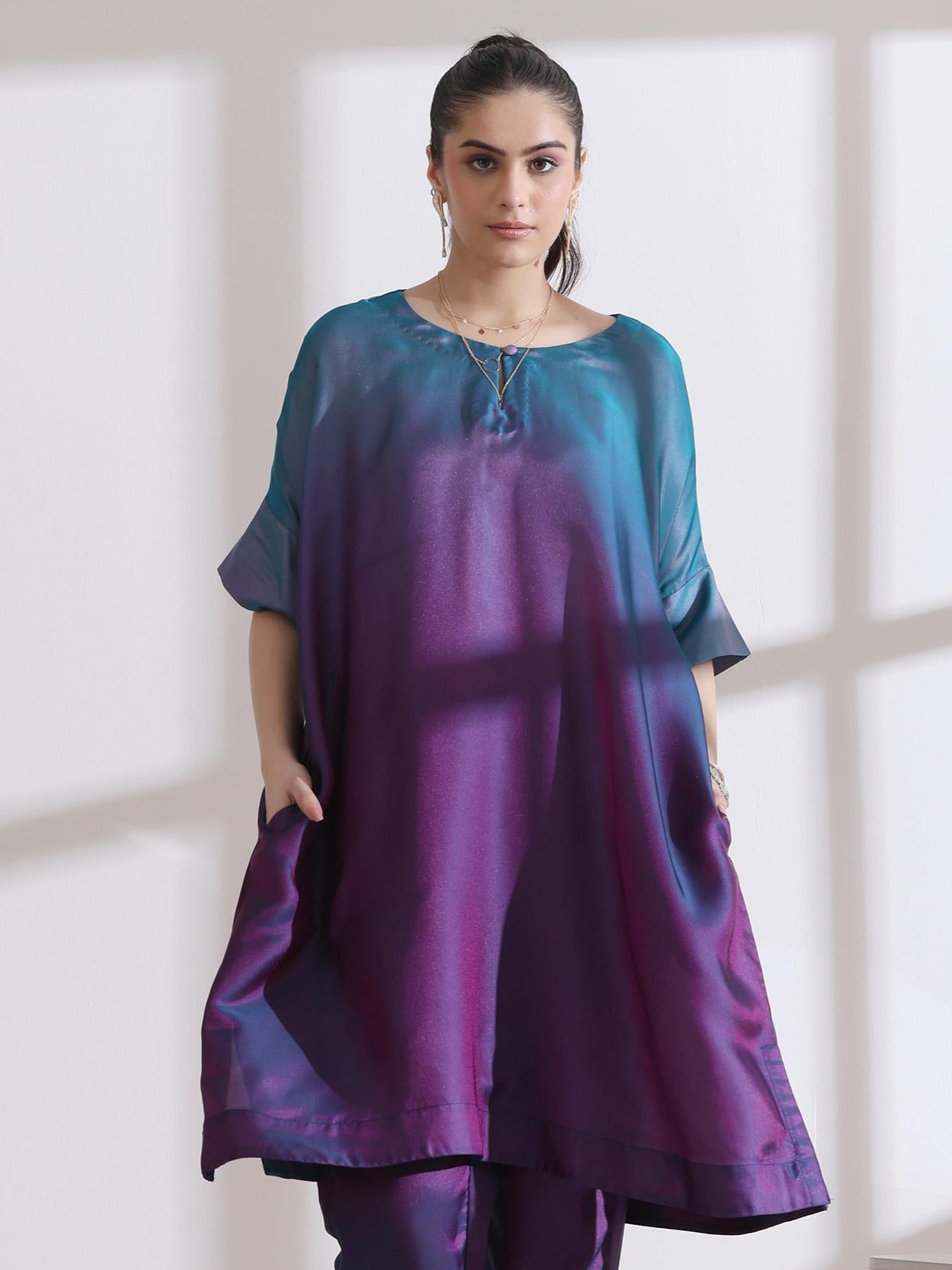 Dhiyona ST Women's Soft Chiffon Satin Rarity Ombre Kurta 1 Piece | Straight Fit, Round Neck, 3/4 Sleeves, Partywear, (Chiffon Satin)