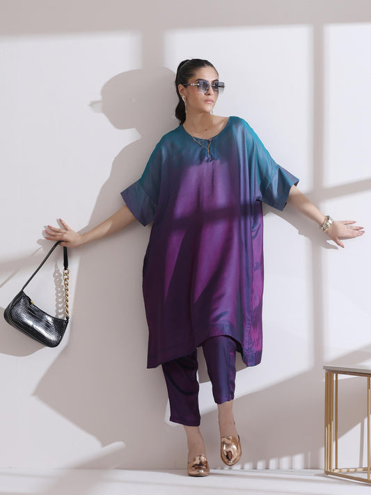 Dhiyona ST Women's Soft Chiffon Satin Rarity Ombre Kurta with Pants 2 Piece Set | A-Line, Round Neck, 3/4 Sleeves, Workwear, Partywear, (Chiffon Satin)