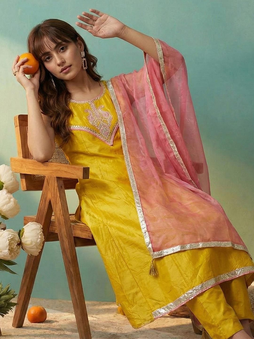 Dhiyona CH Women Ethnic Motifs Embroidered Regular Sequinned Kurta with Trousers & With Dupatta