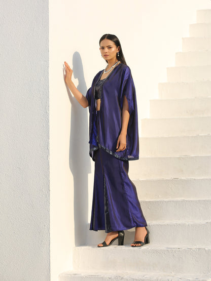 Dhiyona ST Women's Midnight & Bewildering Blue Sequin Godet Pant with Cape and Blouse 3 Piece Set | Straight Fit, Round Neck, Sleeveless, Pants, Partywear, (Sequin)