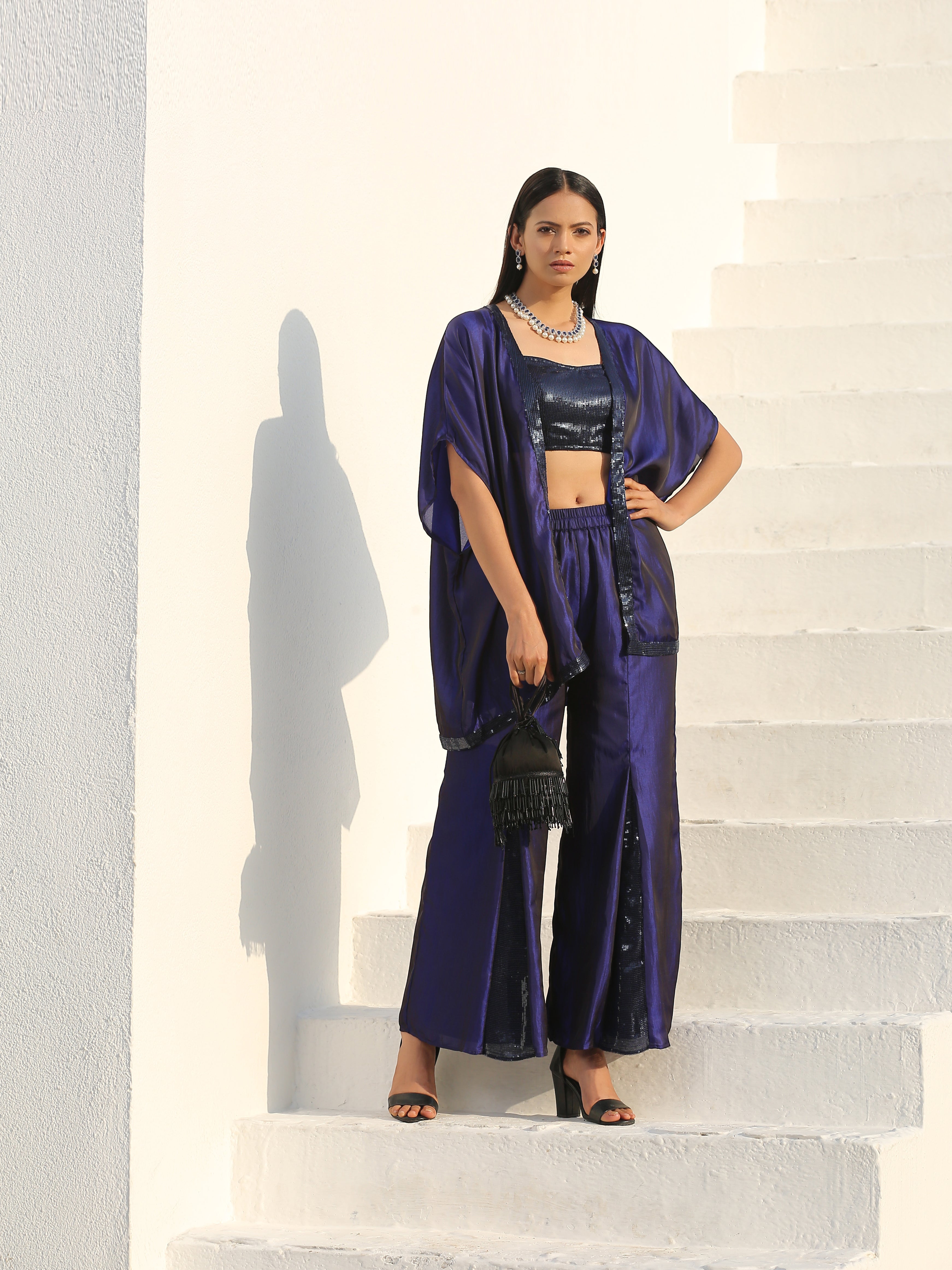 Dhiyona ST Women's Midnight & Bewildering Blue Sequin Godet Pant with Cape and Blouse 3 Piece Set | Straight Fit, Round Neck, Sleeveless, Pants, Partywear, (Sequin)
