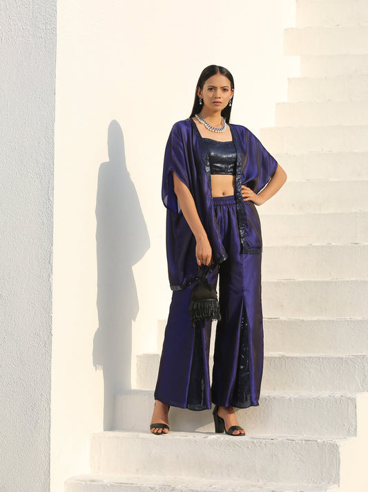 Dhiyona ST Women's Midnight & Bewildering Blue Sequin Godet Pant with Cape and Blouse 3 Piece Set | Straight Fit, Round Neck, Sleeveless, Pants, Partywear, (Sequin)
