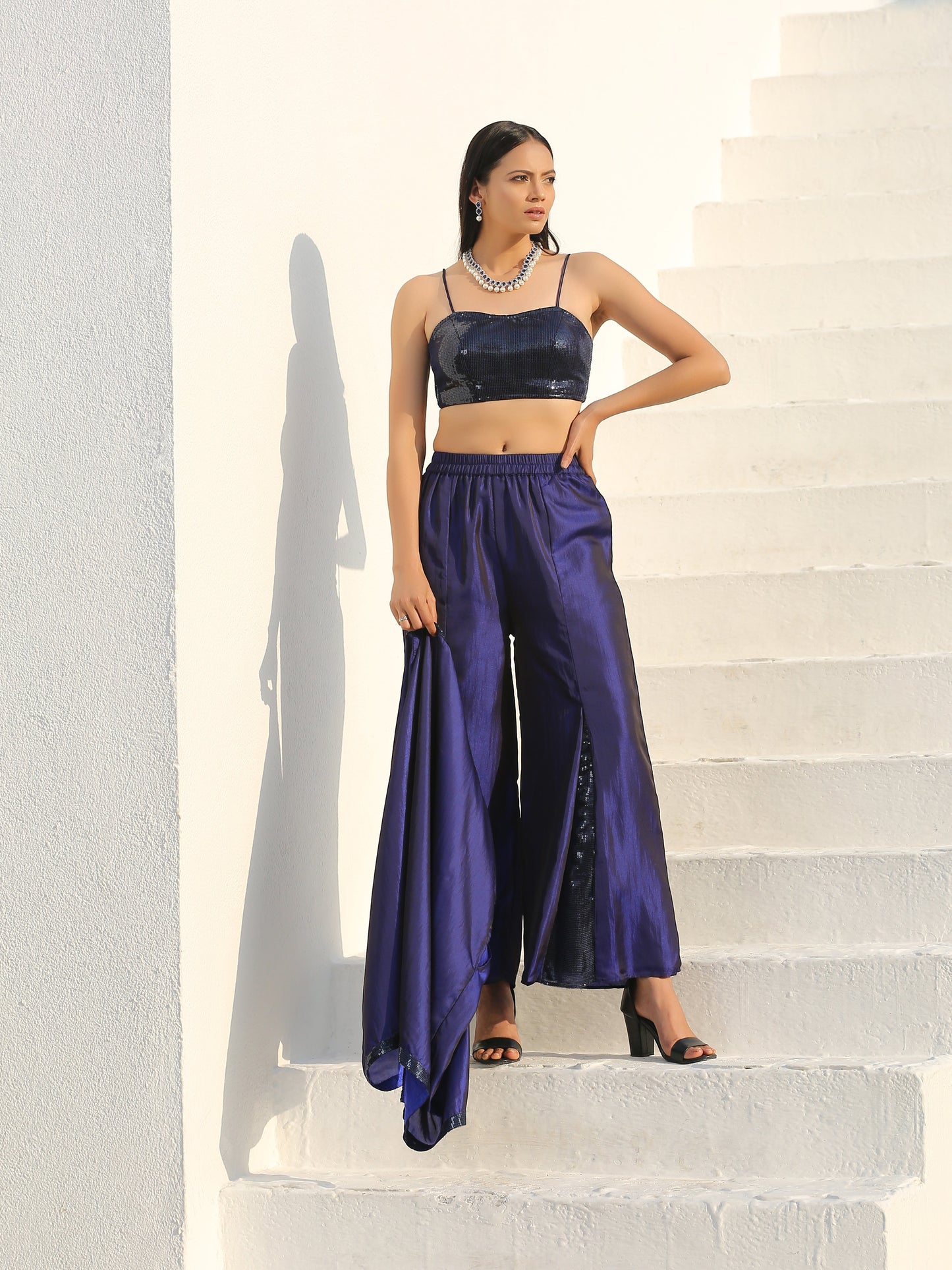 Dhiyona ST Women's Midnight & Bewildering Blue Sequin Godet Pant with Cape and Blouse 3 Piece Set | Straight Fit, Round Neck, Sleeveless, Pants, Partywear, (Sequin)