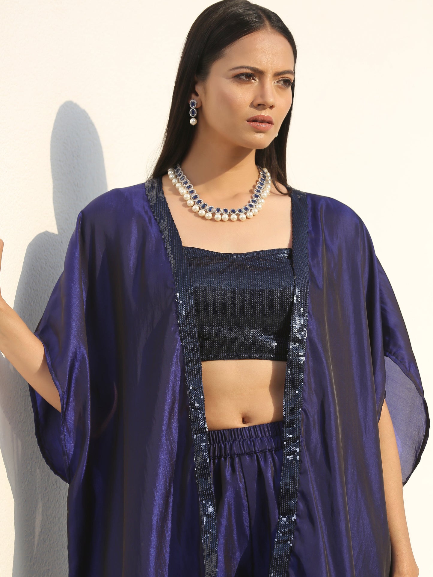 Dhiyona ST Women's Midnight & Bewildering Blue Sequin Godet Pant with Cape and Blouse 3 Piece Set | Straight Fit, Round Neck, Sleeveless, Pants, Partywear, (Sequin)