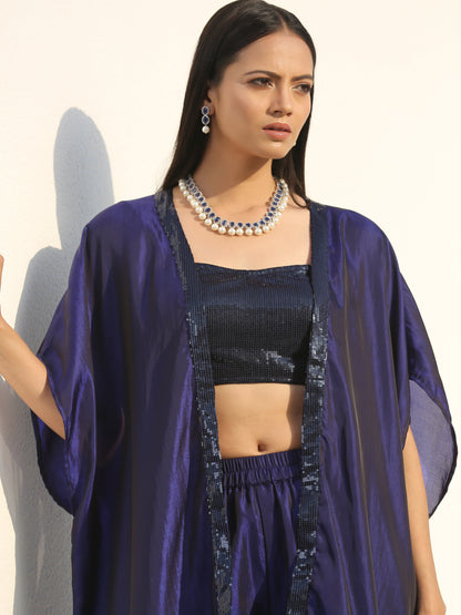 Dhiyona ST Women's Midnight & Bewildering Blue Sequin Godet Pant with Cape and Blouse 3 Piece Set | Straight Fit, Round Neck, Sleeveless, Pants, Partywear, (Sequin)