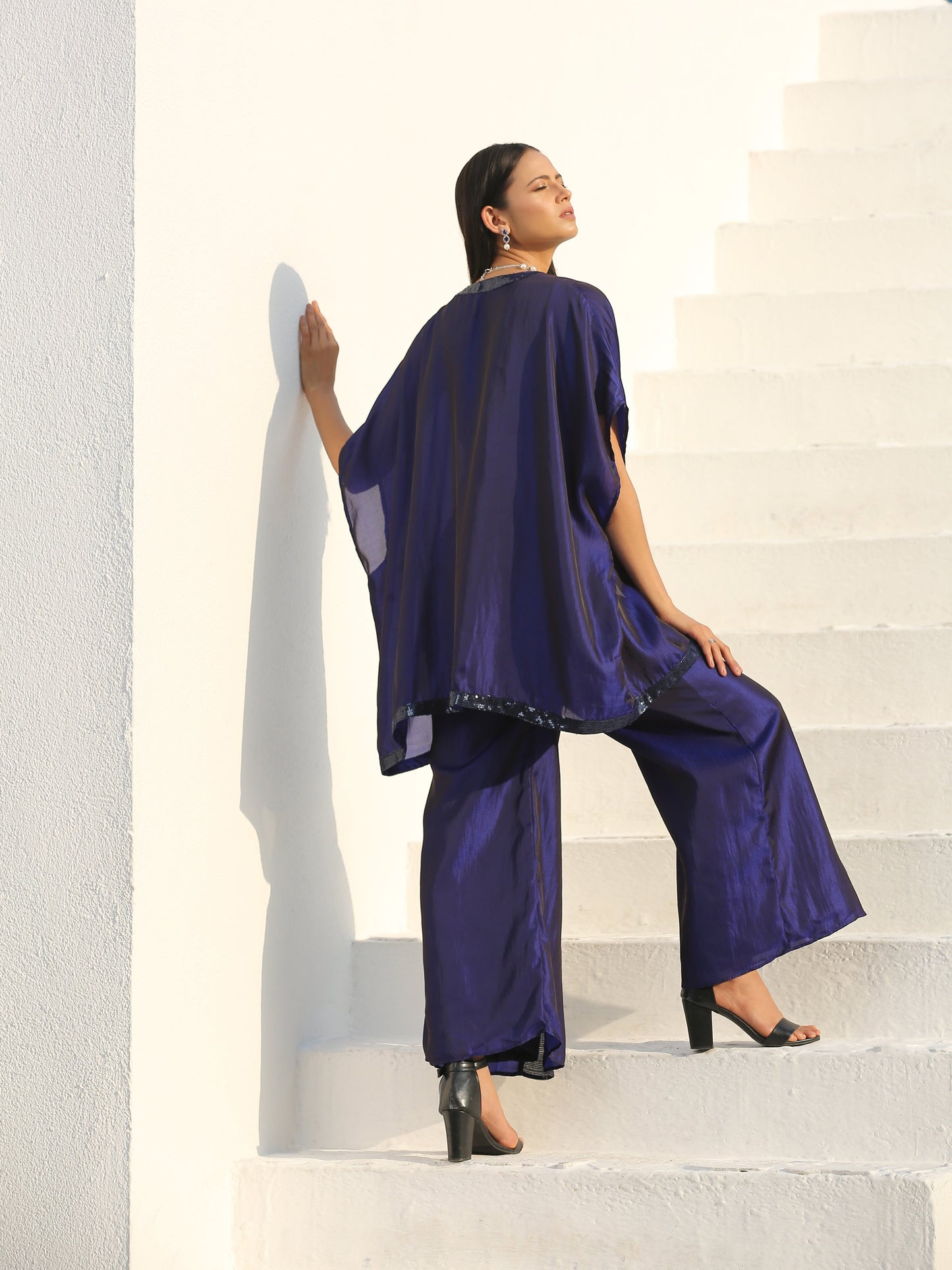 Dhiyona ST Women's Midnight & Bewildering Blue Sequin Godet Pant with Cape and Blouse 3 Piece Set | Straight Fit, Round Neck, Sleeveless, Pants, Partywear, (Sequin)