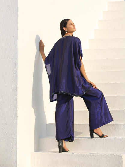 Dhiyona ST Women's Midnight & Bewildering Blue Sequin Godet Pant with Cape and Blouse 3 Piece Set | Straight Fit, Round Neck, Sleeveless, Pants, Partywear, (Sequin)